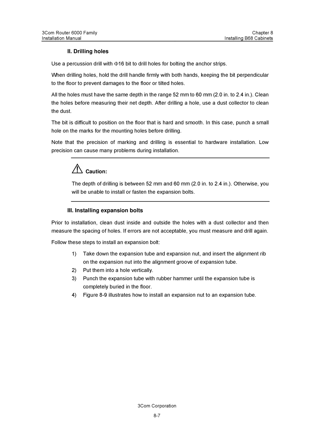 3Com 3C13840, 3C13880 manual II. Drilling holes, III. Installing expansion bolts 