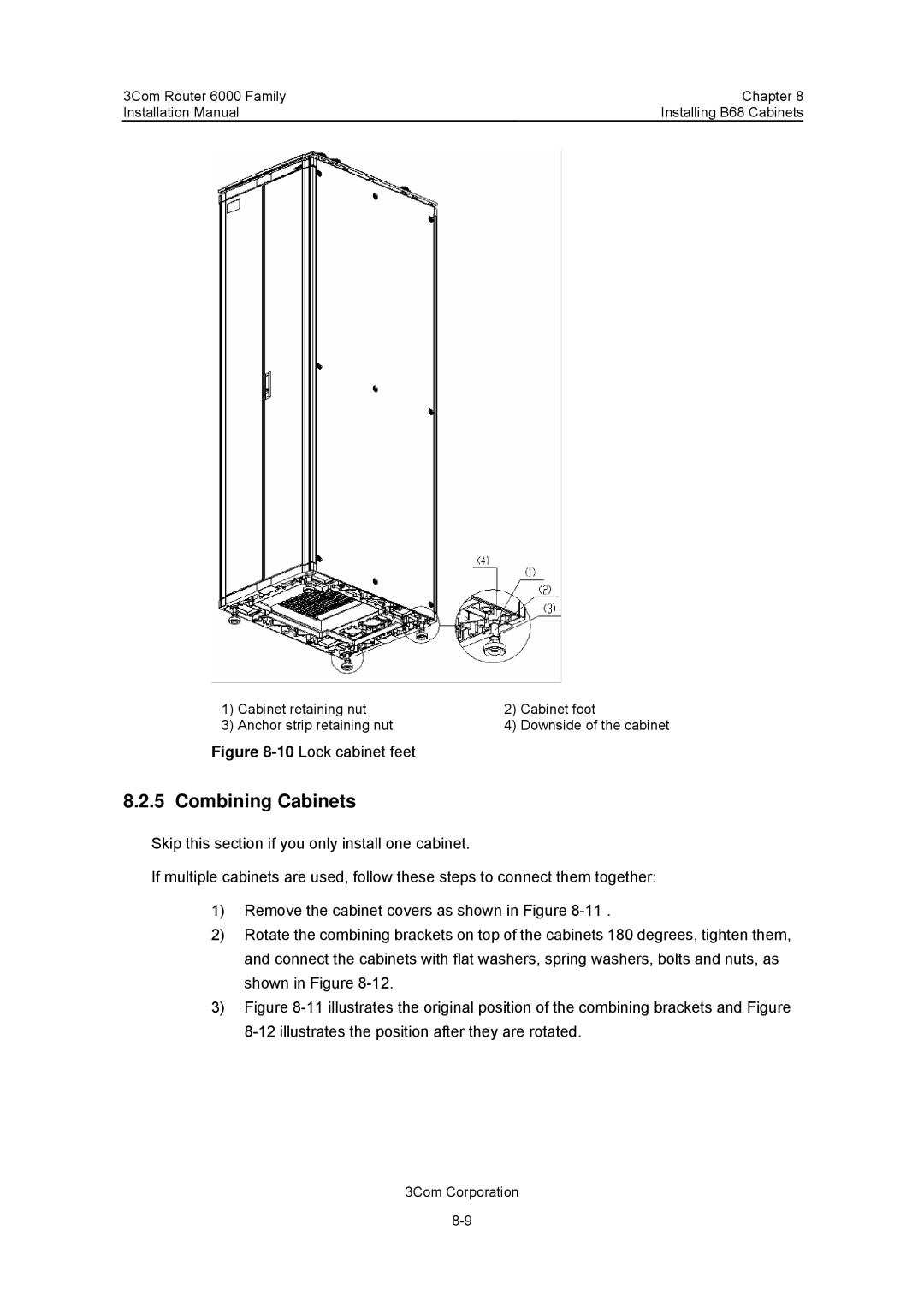 3Com 3C13840, 3C13880 manual Combining Cabinets, 10Lock cabinet feet 