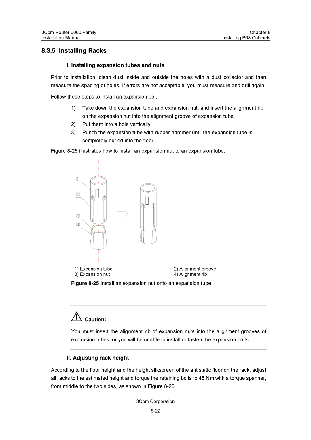 3Com 3C13880, 3C13840 manual Installing Racks, Installing expansion tubes and nuts, II. Adjusting rack height 