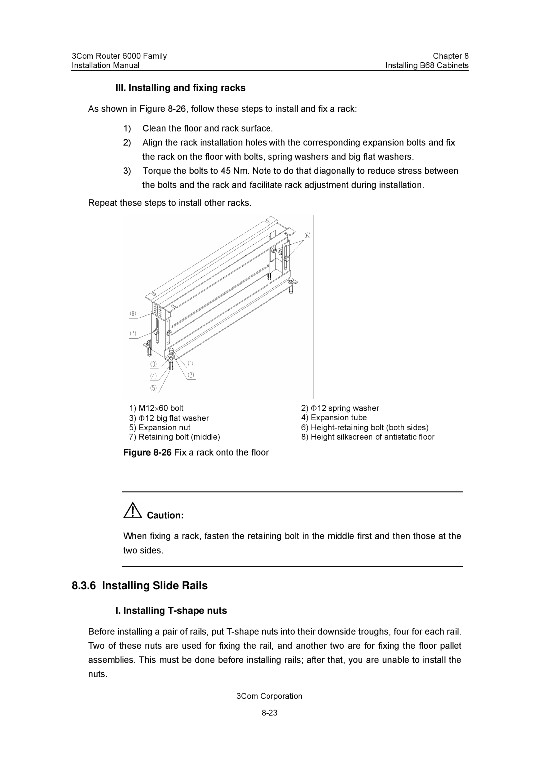 3Com 3C13840, 3C13880 manual Installing Slide Rails, III. Installing and fixing racks, Installing T-shape nuts 