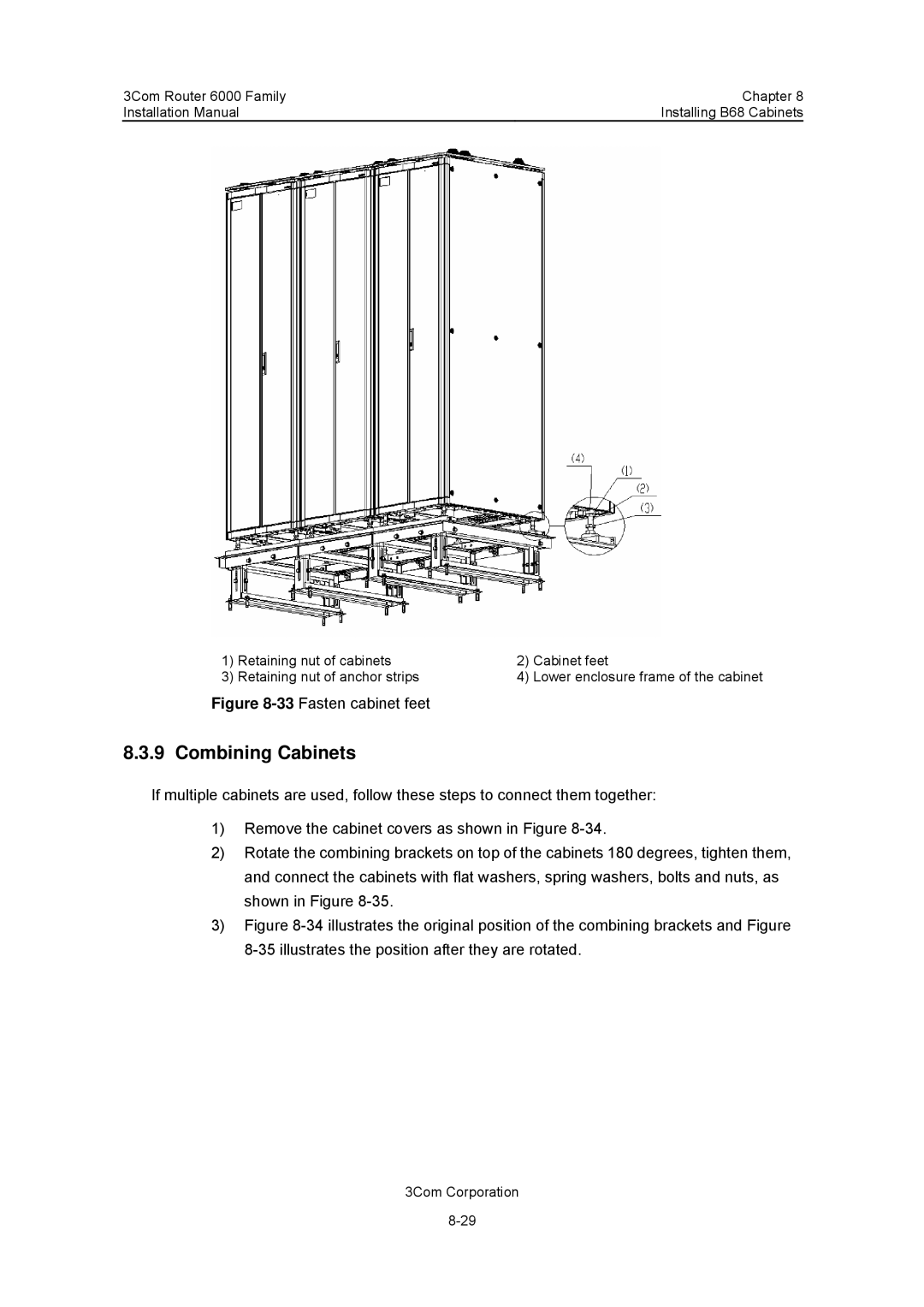 3Com 3C13840, 3C13880 manual 33Fasten cabinet feet 