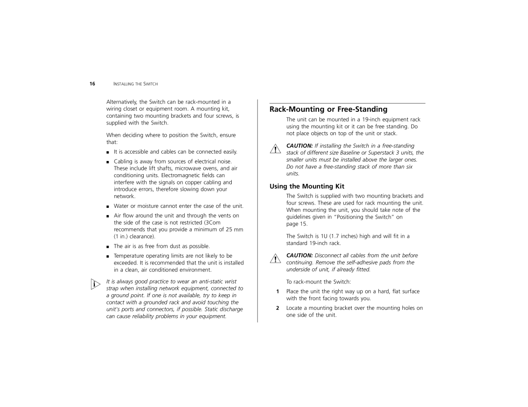 3Com 3C16491 manual Rack-Mounting or Free-Standing, Using the Mounting Kit 