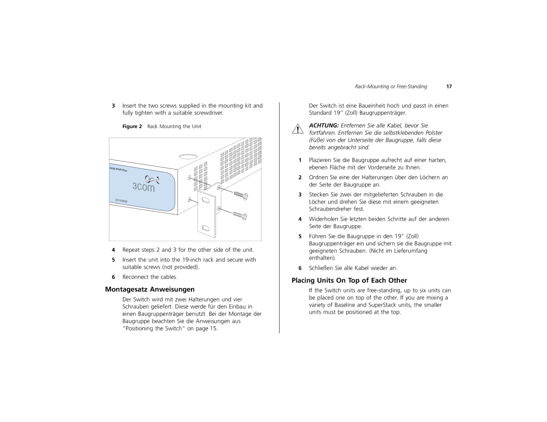 3Com 3C16491 manual Montagesatz Anweisungen, Placing Units On Top of Each Other 