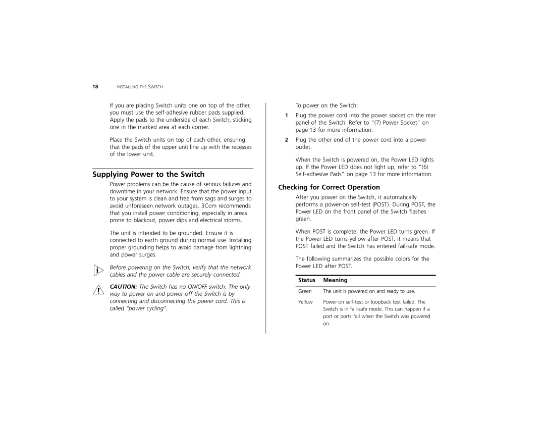 3Com 3C16491 manual Supplying Power to the Switch, Checking for Correct Operation 