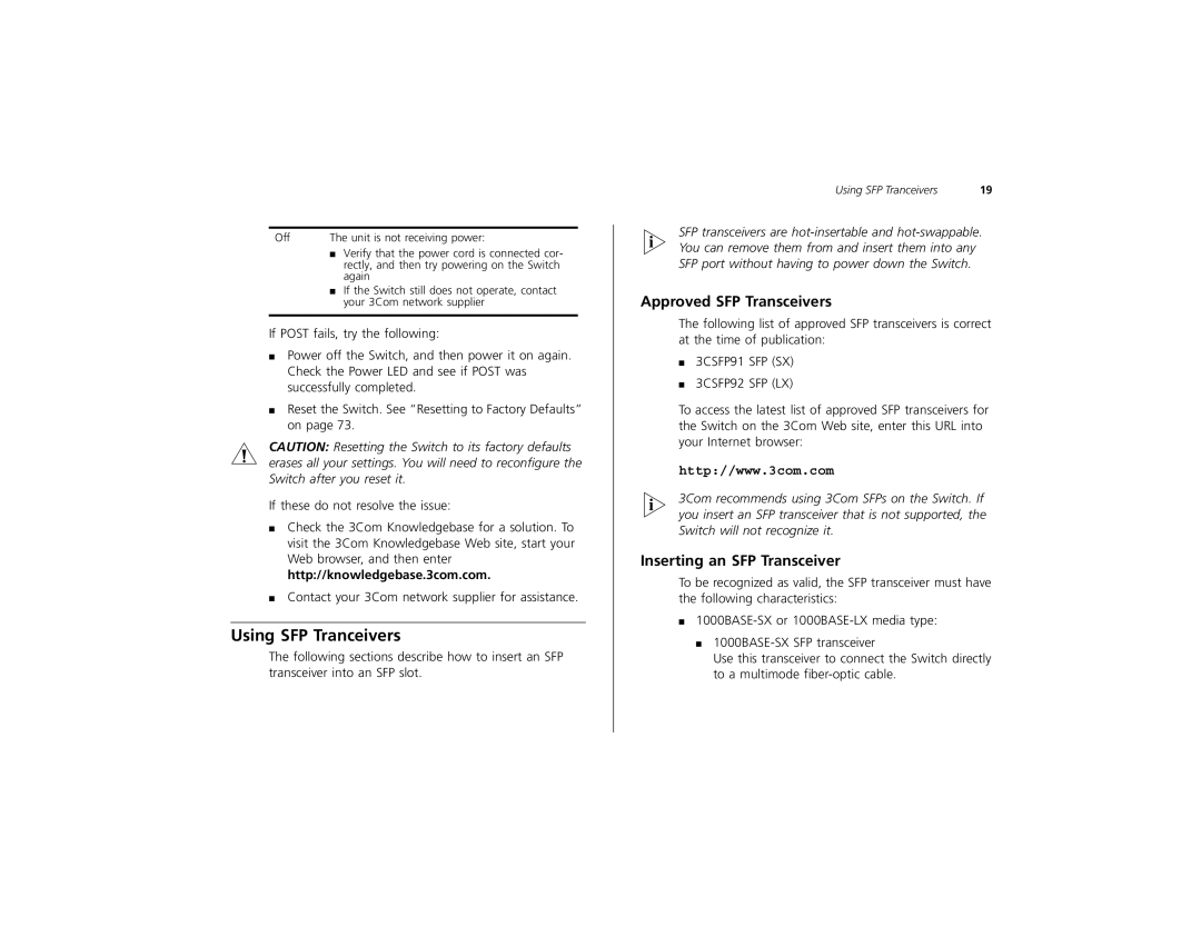 3Com 3C16491 manual Using SFP Tranceivers, Approved SFP Transceivers, Inserting an SFP Transceiver 