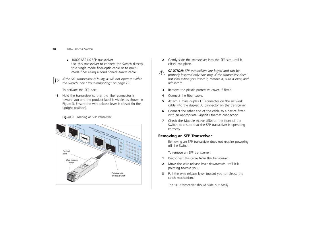 3Com 3C16491 manual Removing an SFP Transceiver, Inserting an SFP Transceiver 