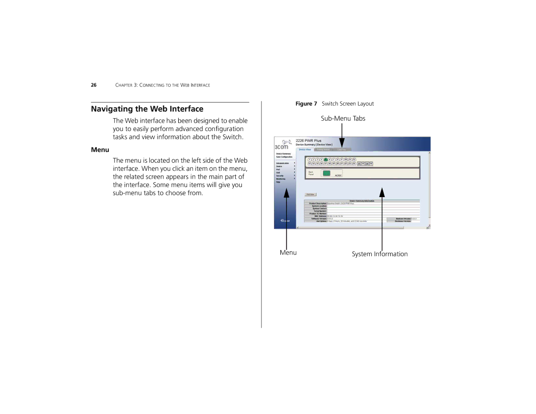 3Com 3C16491 manual Navigating the Web Interface, Menu 