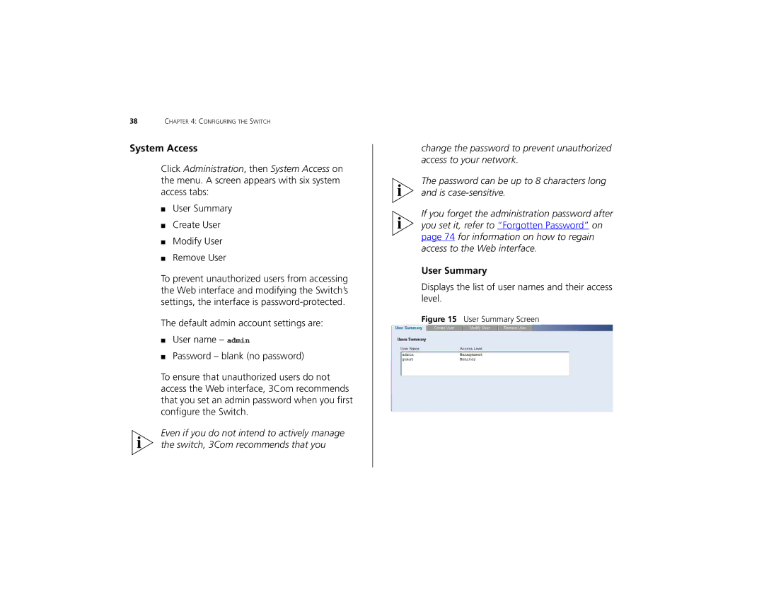 3Com 3C16491 manual System Access, User Summary 