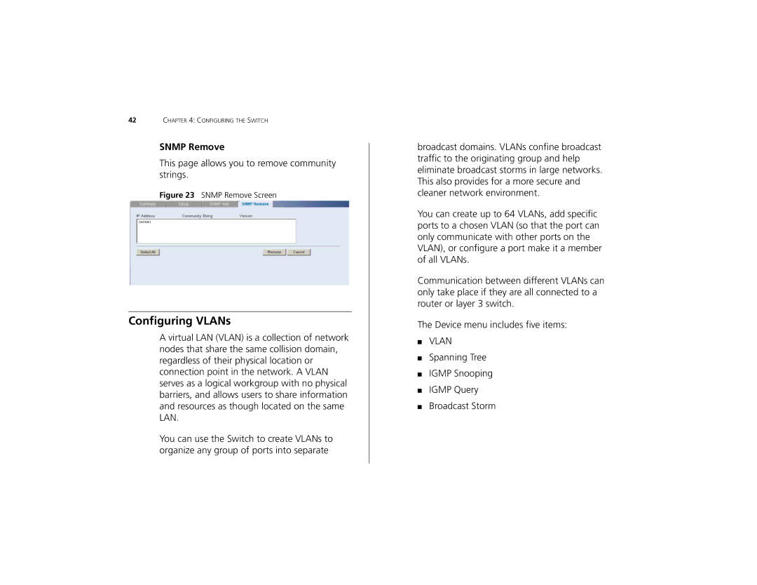 3Com 3C16491 manual Configuring VLANs, Snmp Remove 