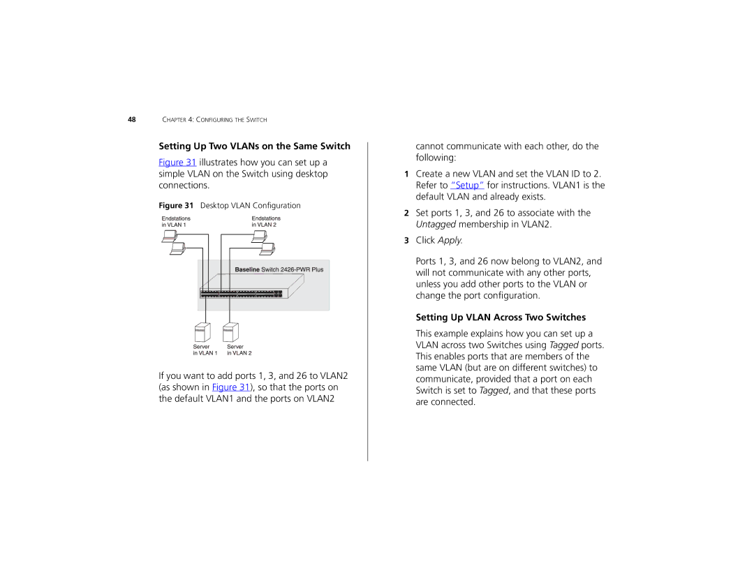 3Com 3C16491 manual Setting Up Two VLANs on the Same Switch, Setting Up Vlan Across Two Switches 
