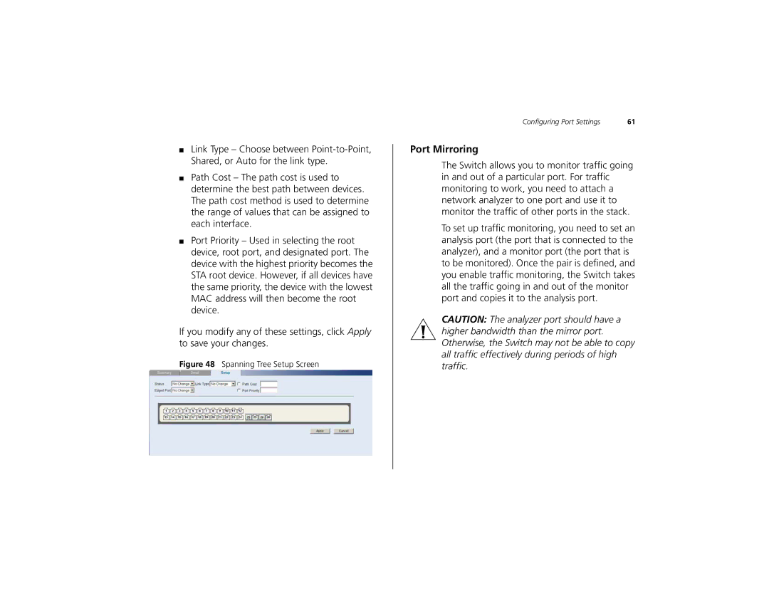 3Com 3C16491 manual Port Mirroring, Spanning Tree Setup Screen 