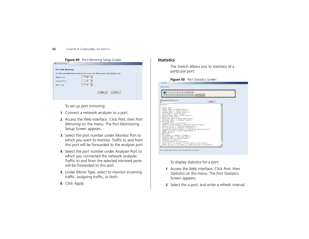 3Com 3C16491 manual Statistics, Port Mirroring Setup Screen 