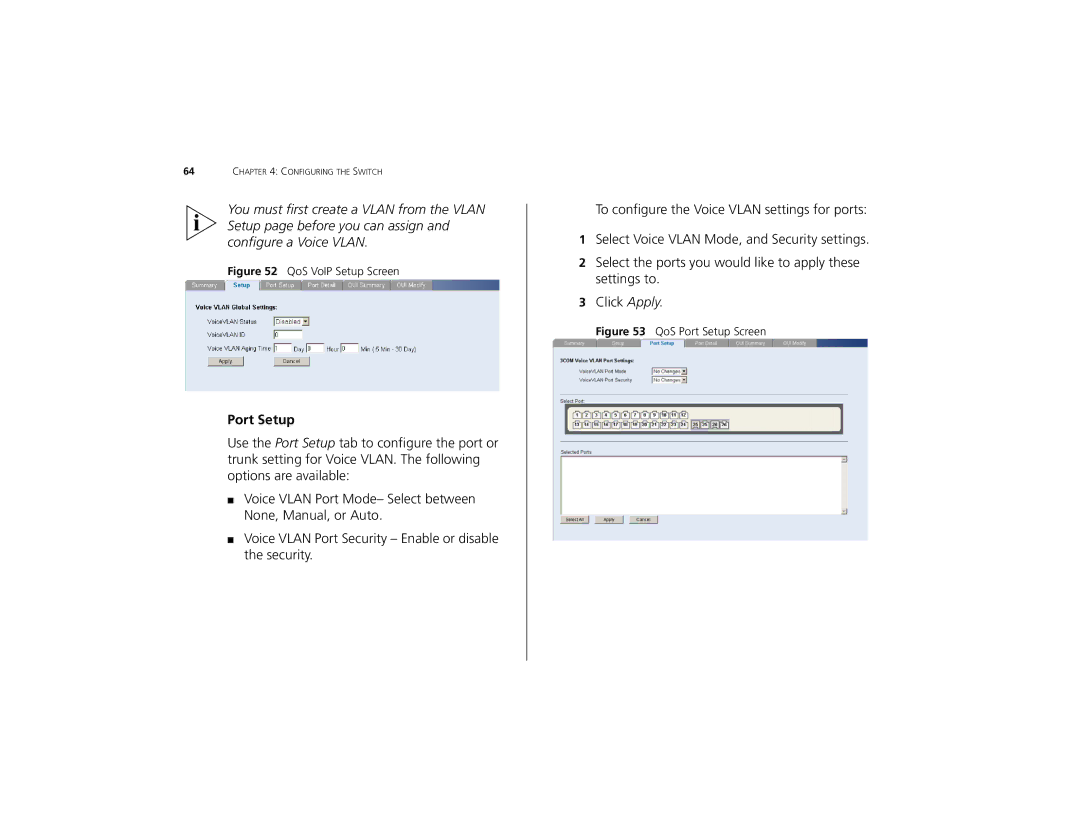 3Com 3C16491 manual Port Setup, QoS VoIP Setup Screen 