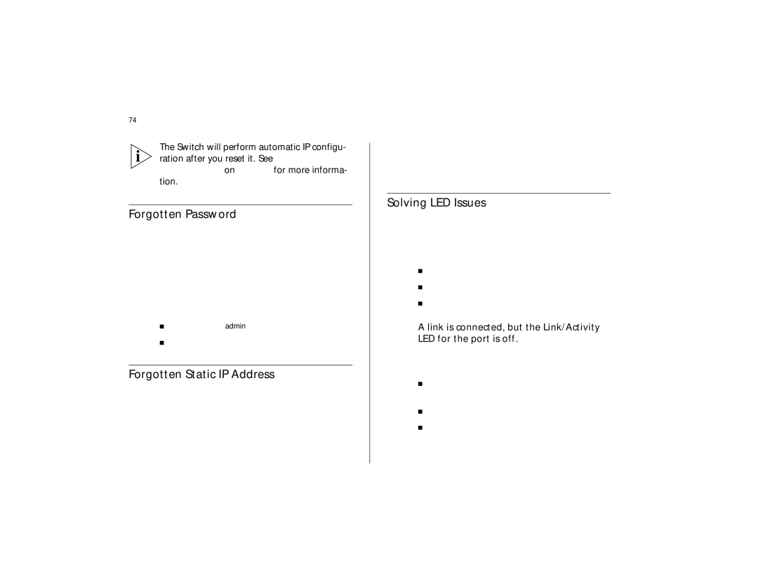 3Com 3C16491 manual Forgotten Password, Forgotten Static IP Address, Solving LED Issues 