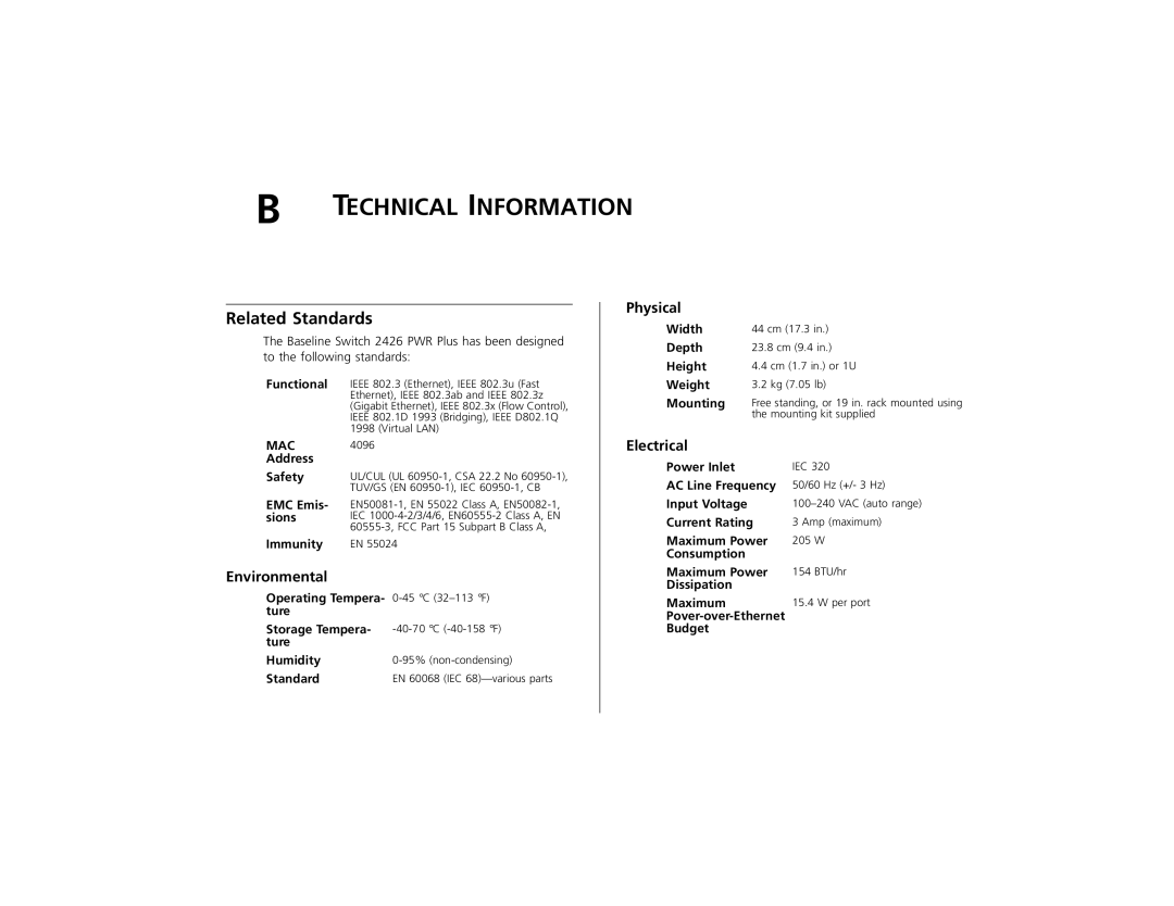 3Com 3C16491 manual Related Standards, Environmental, Physical, Electrical 