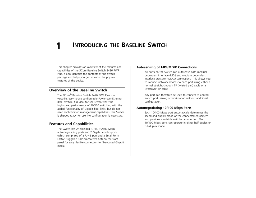 3Com 3C16491 manual Overview of the Baseline Switch, Features and Capabilities, Autosensing of MDI/MDIX Connections 