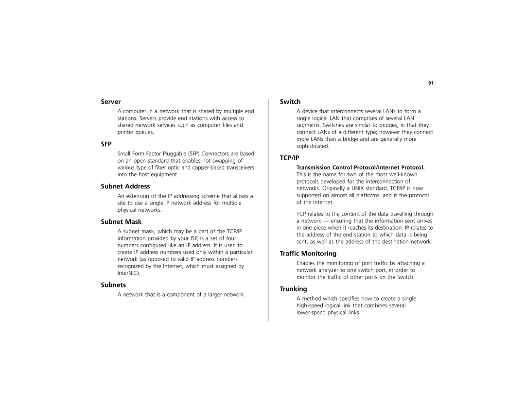 3Com 3C16491 manual Server, Subnet Address, Subnet Mask, Subnets, Switch, Traffic Monitoring, Trunking 