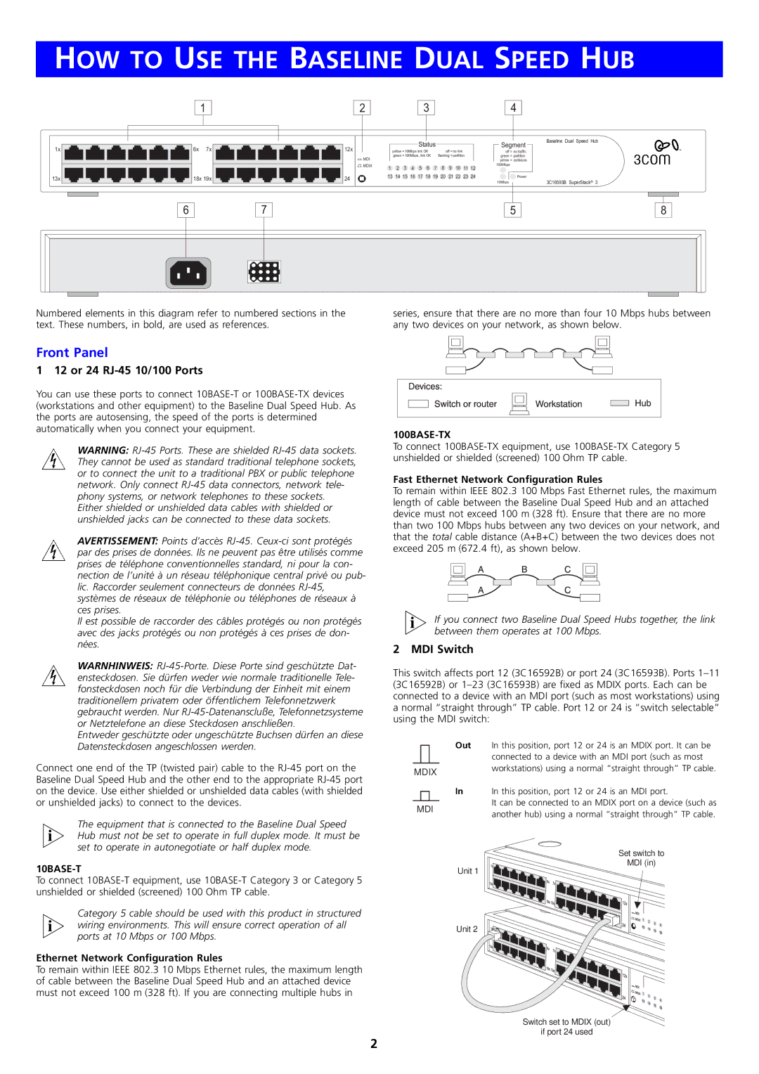 3Com 3C16592B, 3C16593B manual HOW to USE the Baseline Dual Speed HUB, Front Panel, 12 or 24 RJ-45 10/100 Ports, MDI Switch 