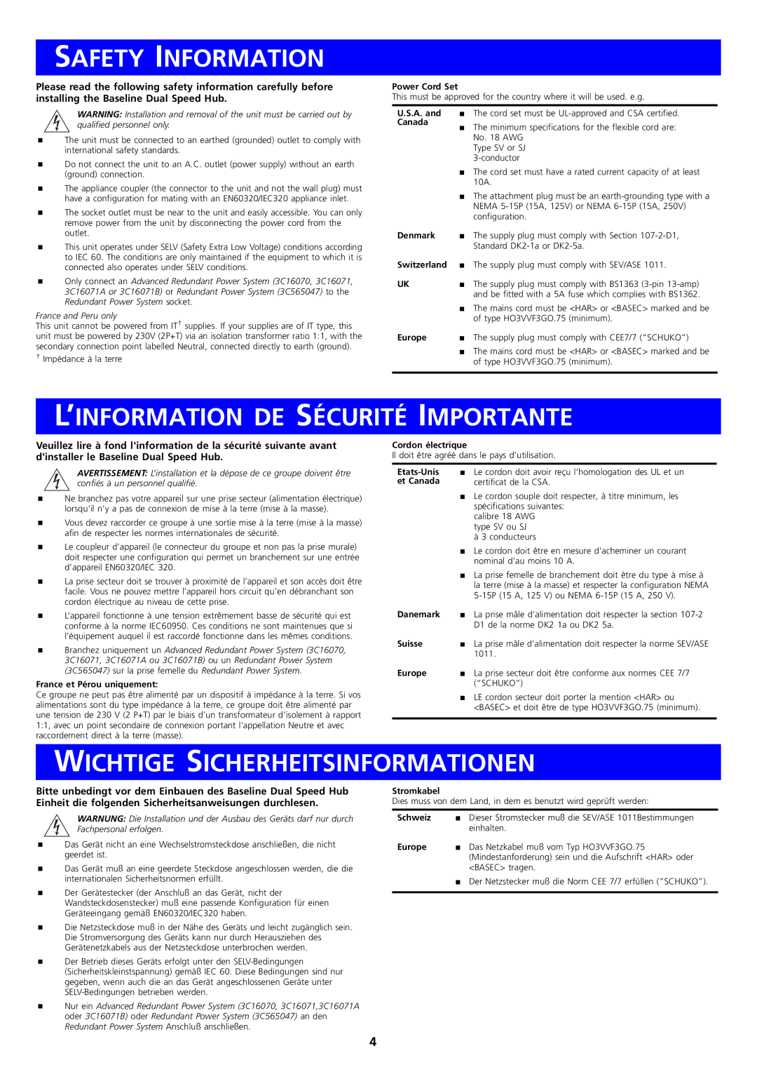 3Com 3C16592B, 3C16593B manual Safety Information, ’INFORMATION DE Sécurité Importante, Wichtige Sicherheitsinformationen 