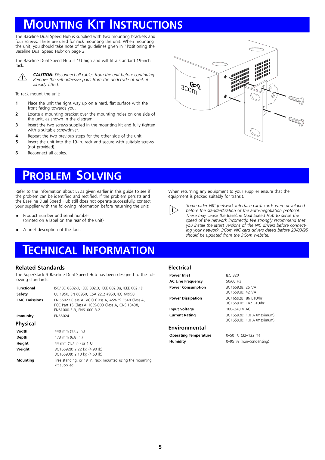 3Com 3C16592B, 3C16593B manual Mounting KIT Instructions, Problem Solving, Technical Information, Related Standards 