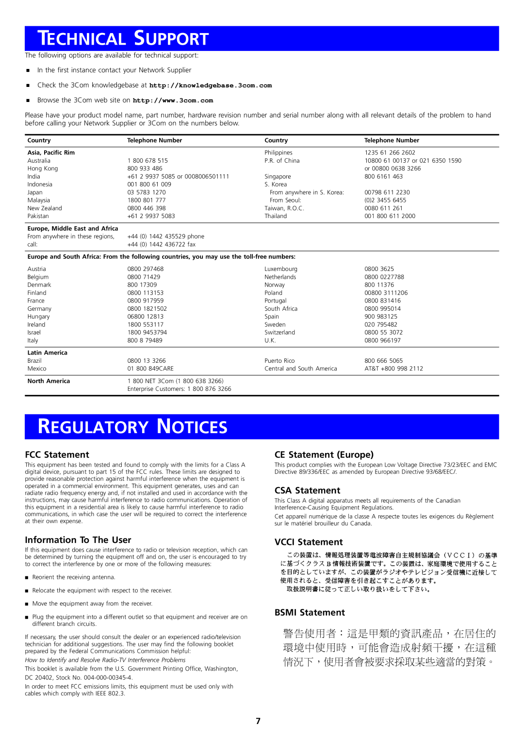 3Com 3C16592B, 3C16593B manual Technical Support, Regulatory Notices 