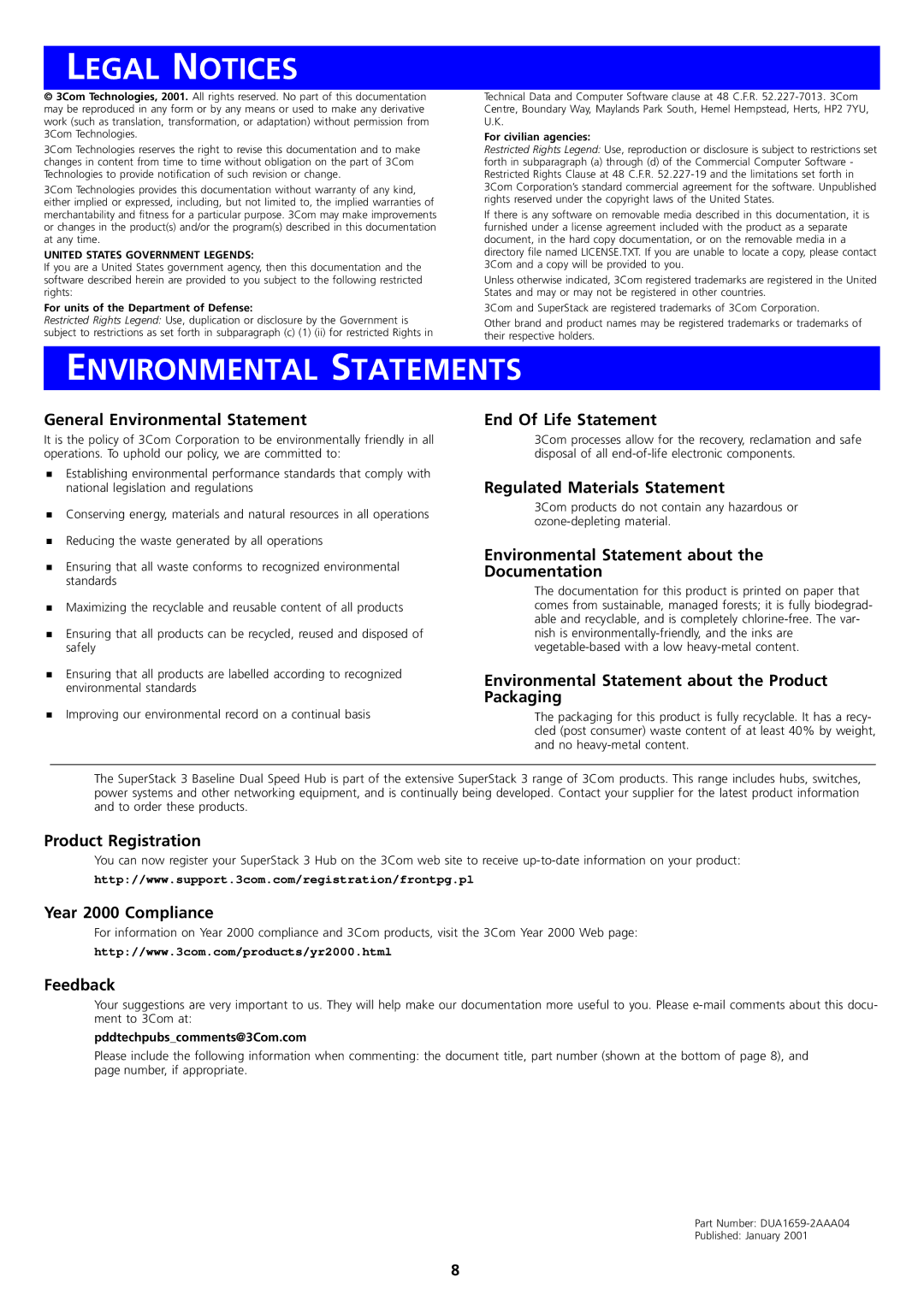 3Com 3C16592B, 3C16593B manual Legal Notices, Environmental Statements 