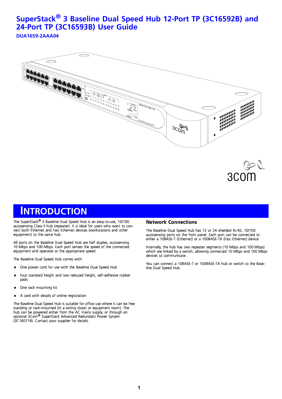 3Com 3C16592B, 3C16593B manual Introduction, DUA1659-2AAA04, Network Connections 