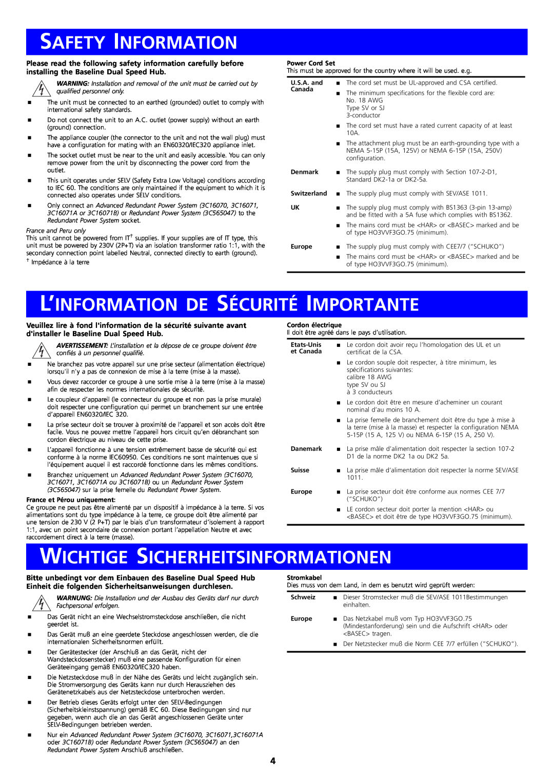 3Com 3C16592B, 3C16593B manual Safety Information, L’Information De Sécurité Importante, Wichtige Sicherheitsinformationen 
