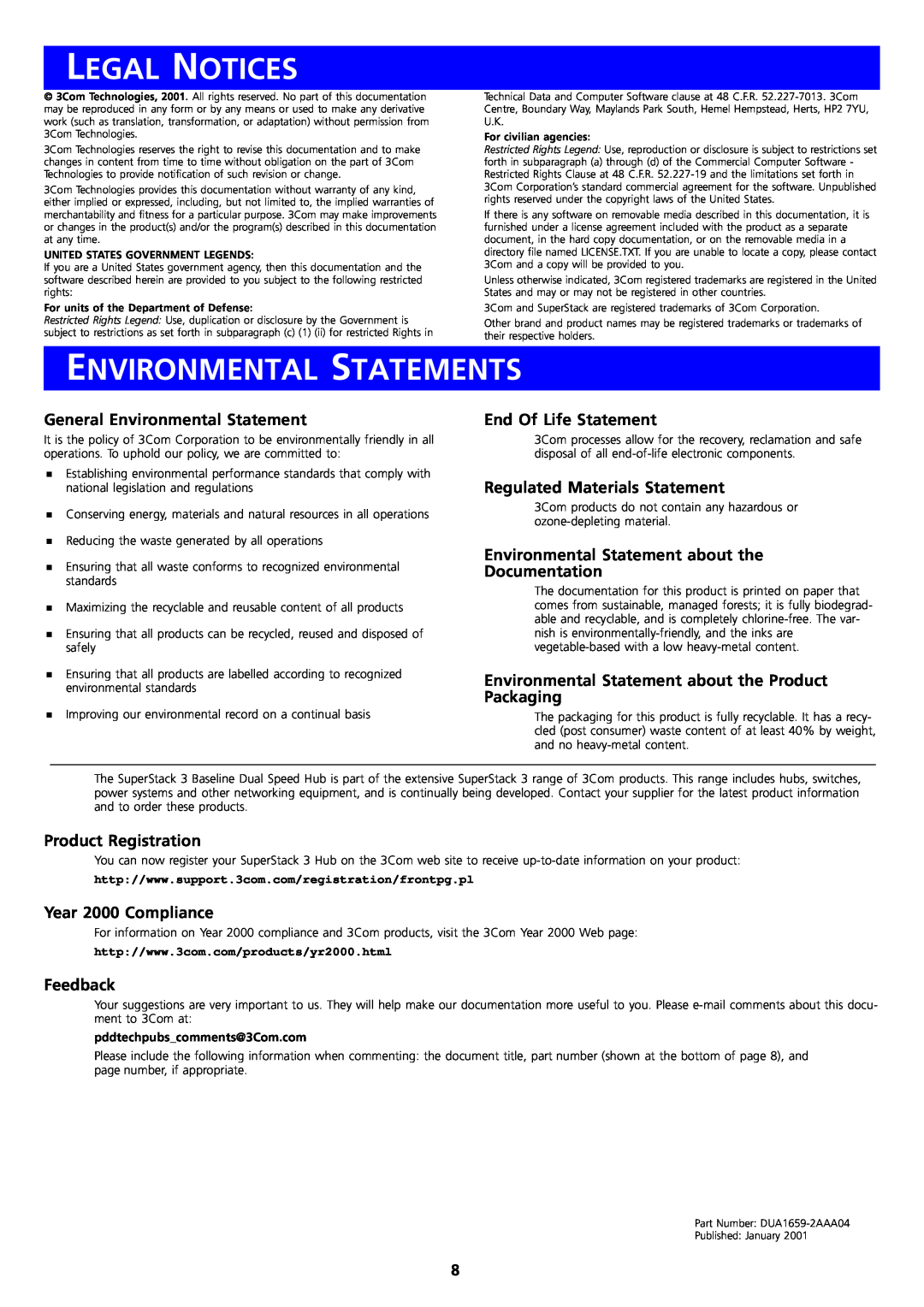 3Com 3C16592B, 3C16593B Legal Notices, Environmental Statements, General Environmental Statement, Product Registration 