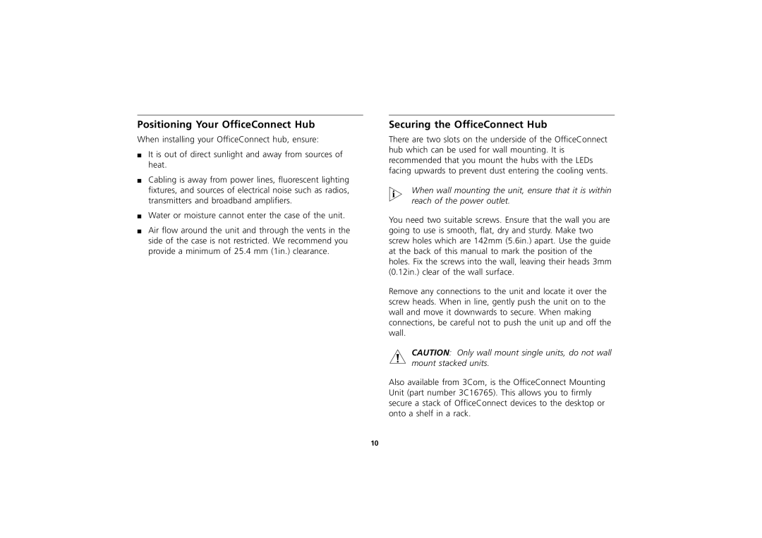 3Com 3C16702A manual Positioning Your OfficeConnect Hub, Securing the OfficeConnect Hub 