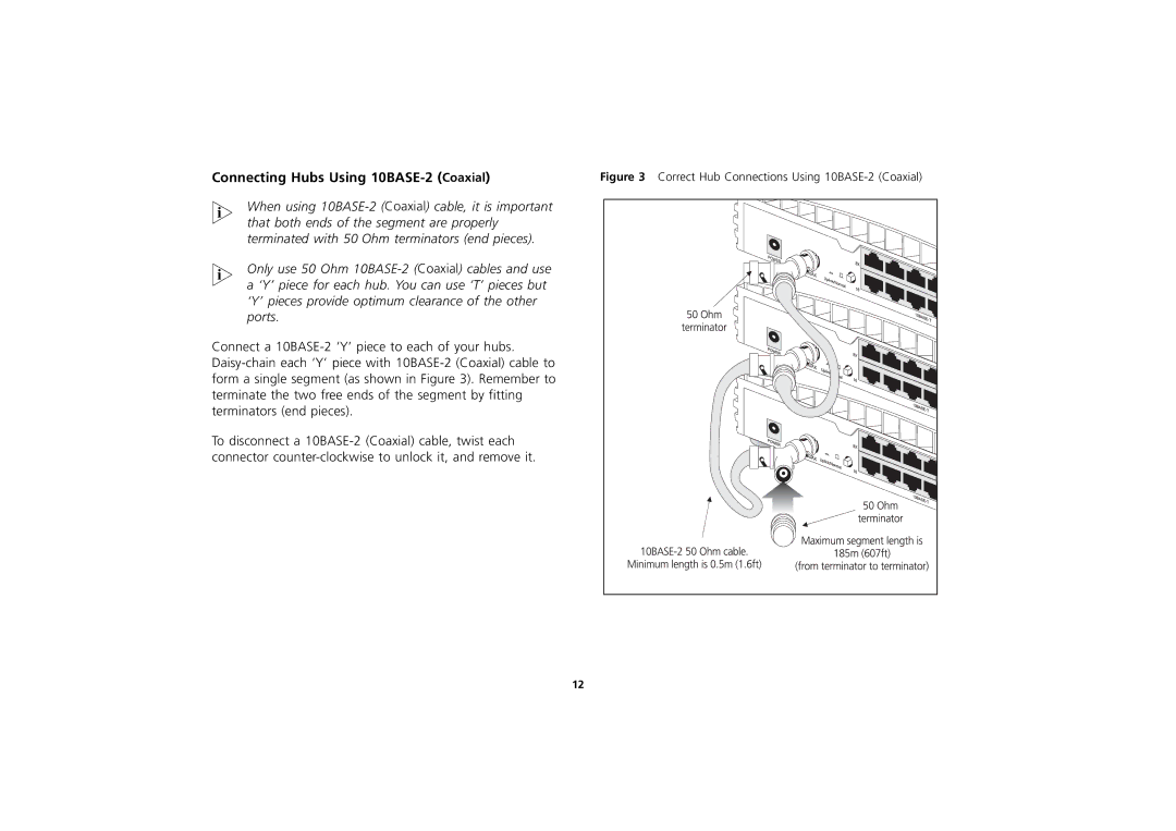 3Com 3C16702A manual Connecting Hubs Using 10BASE-2 Coaxial, Correct Hub Connections Using 10BASE-2 Coaxial 