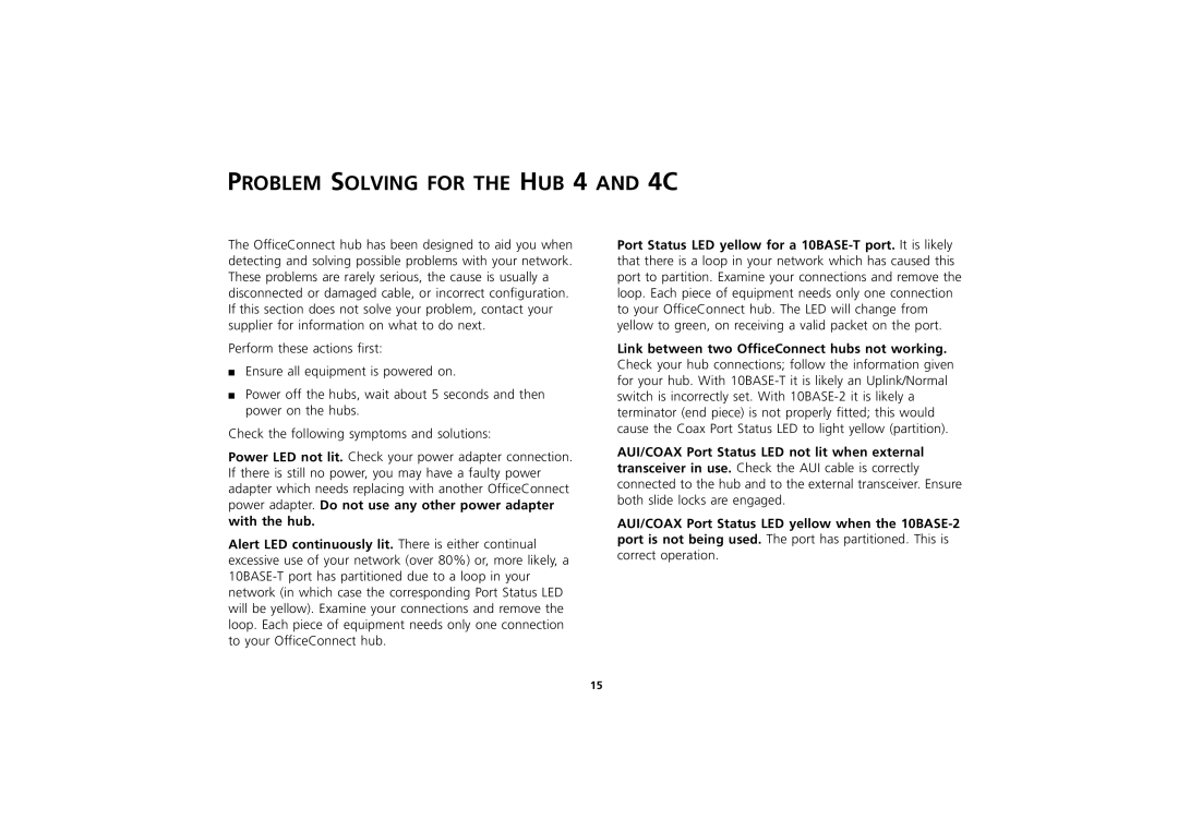 3Com 3C16703A, 3C16700A, 3C16701A manual Problem Solving for the HUB 4 and 4C 