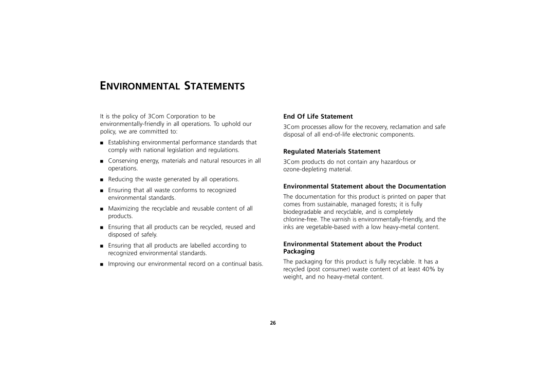 3Com 3C16701A, 3C16703A, 3C16700A manual Environmental Statements, End Of Life Statement, Regulated Materials Statement 