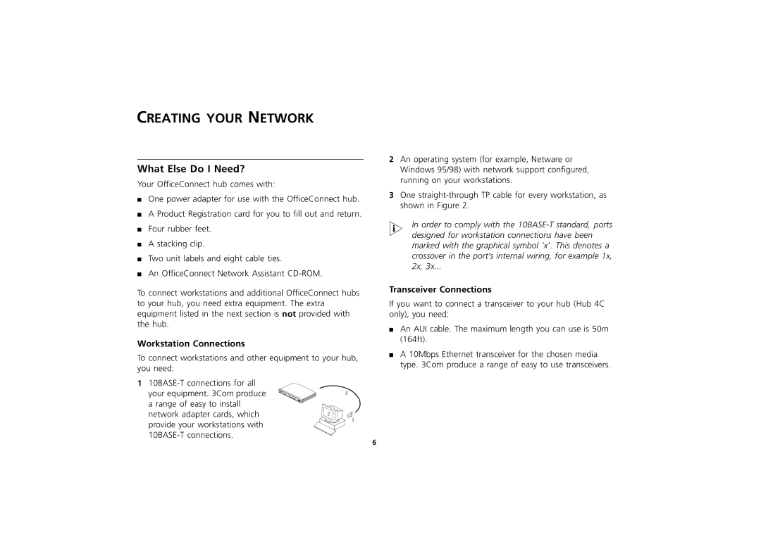 3Com 3C16703A, 3C16700A manual Creating Your Network, What Else Do I Need?, Workstation Connections, Transceiver Connections 