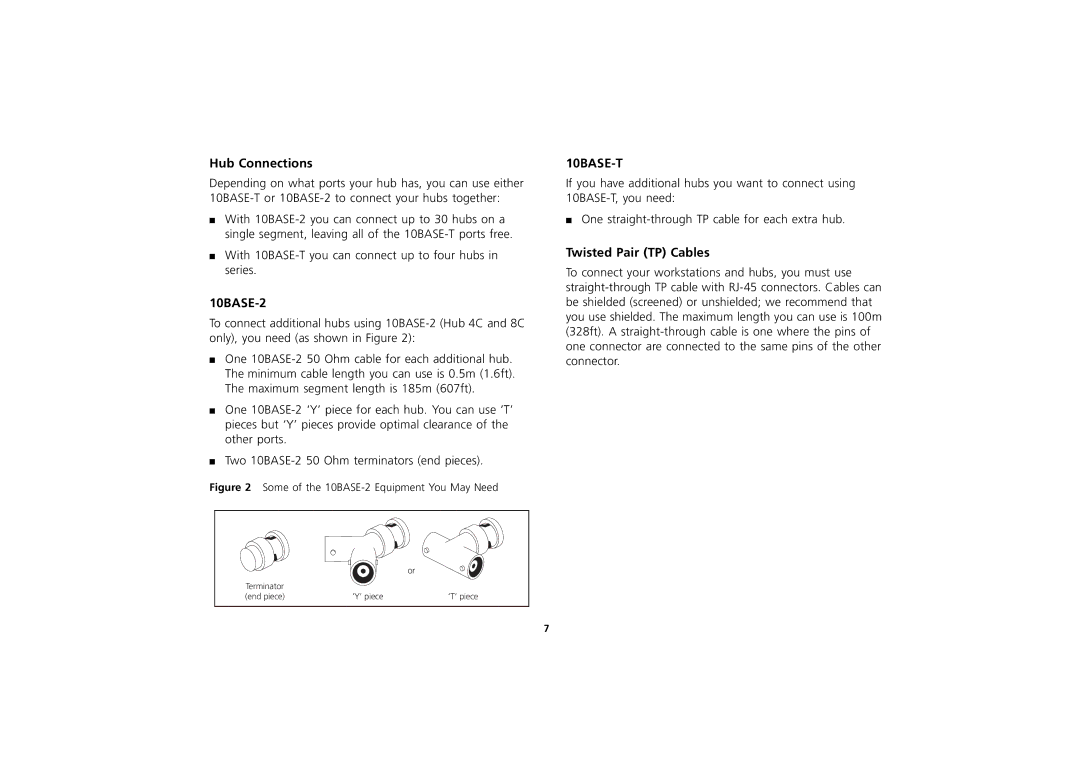 3Com 3C16700A, 3C16703A, 3C16701A manual Hub Connections, 10BASE-2, Twisted Pair TP Cables 