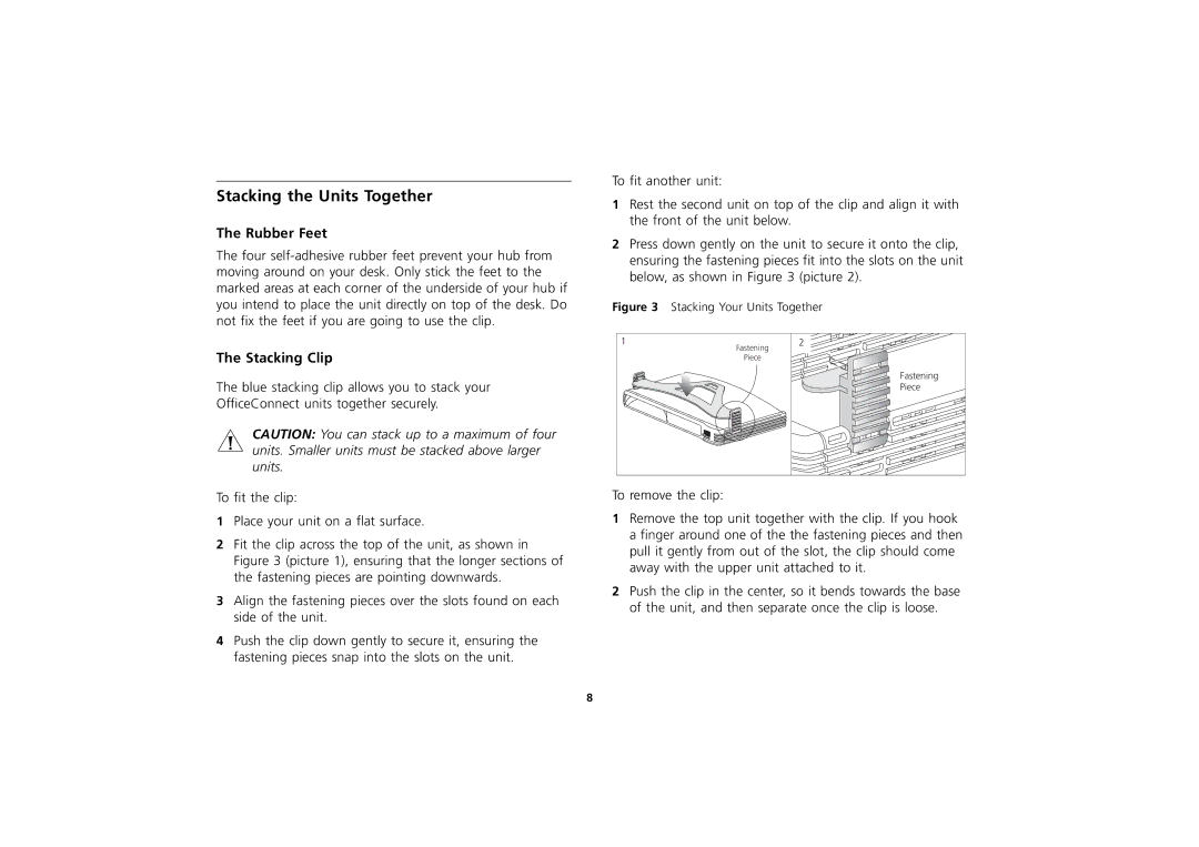 3Com 3C16701A, 3C16703A, 3C16700A manual Stacking the Units Together, Rubber Feet, Stacking Clip 