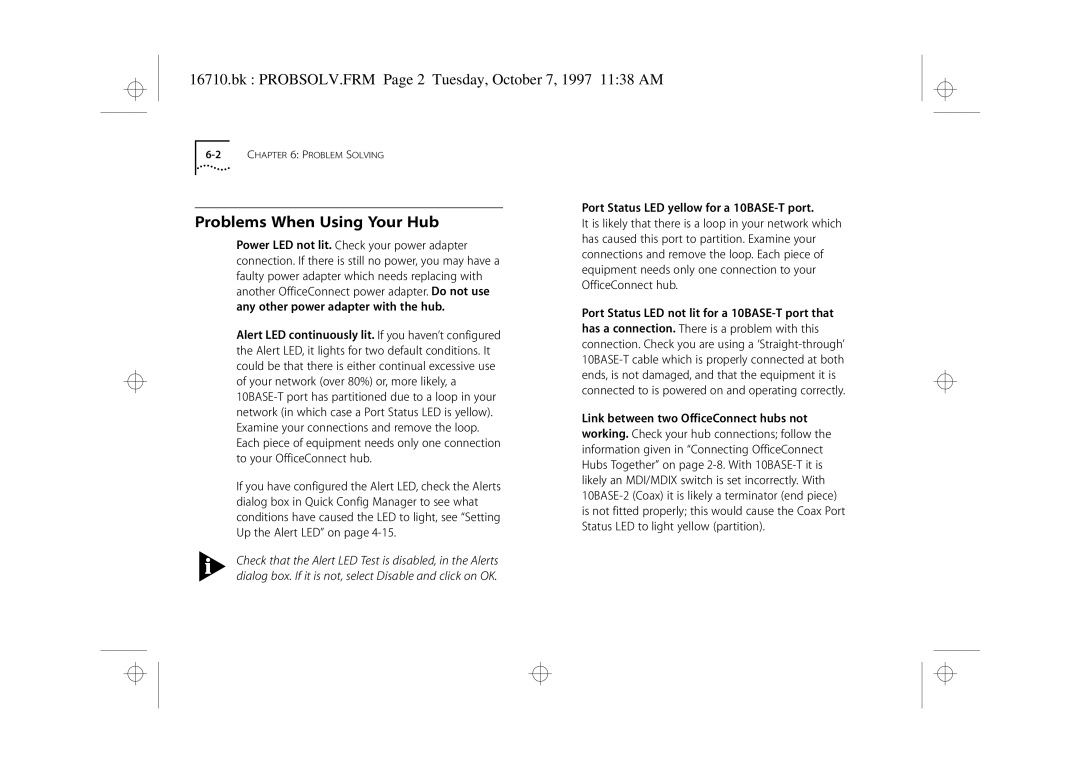 3Com 3C16710 manual Problems When Using Your Hub, Bk PROBSOLV.FRM Page 2 Tuesday, October 7, 1997 1138 AM 