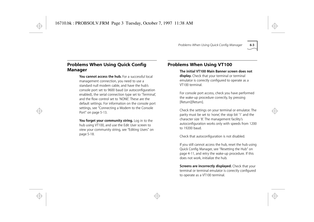 3Com 3C16710 manual Problems When Using Quick Config Manager, Problems When Using VT100 