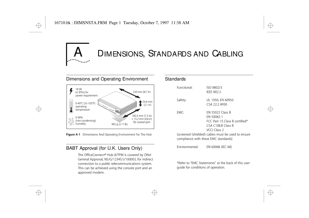 3Com 3C16710 manual DIMENSIONS, Standards and Cabling, Dimensions and Operating Environment 