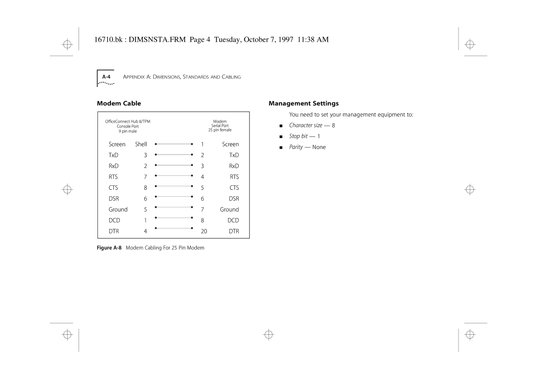 3Com 3C16710 manual Bk DIMSNSTA.FRM Page 4 Tuesday, October 7, 1997 1138 AM, Modem Cable Management Settings 