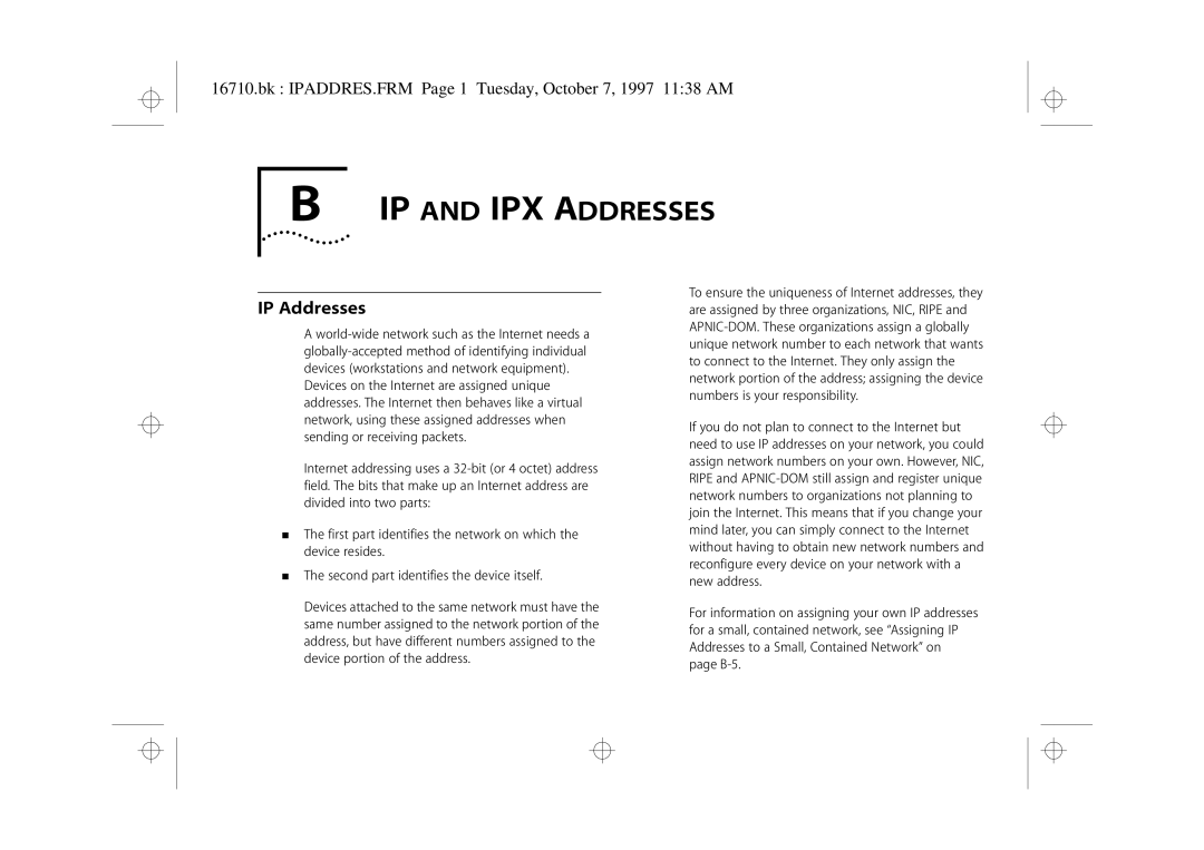 3Com 3C16710 manual IP and IPX Addresses, IP Addresses, Bk IPADDRES.FRM Page 1 Tuesday, October 7, 1997 1138 AM 