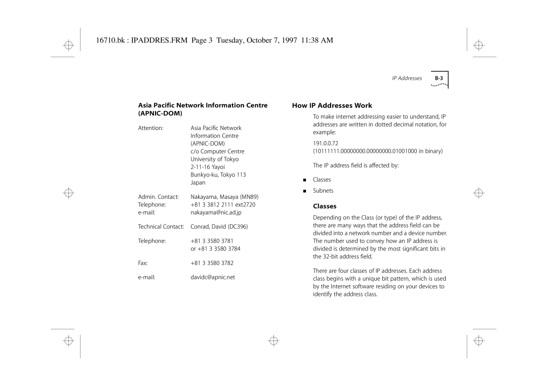 3Com 3C16710 Bk IPADDRES.FRM Page 3 Tuesday, October 7, 1997 1138 AM, Asia Pacific Network Information Centre APNIC-DOM 