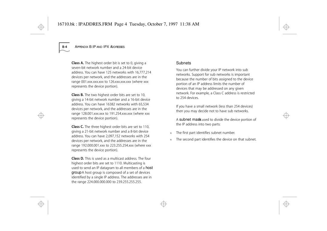 3Com 3C16710 manual Bk IPADDRES.FRM Page 4 Tuesday, October 7, 1997 1138 AM, Subnets 