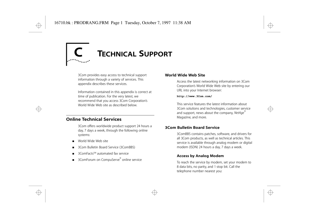 3Com 3C16710 manual Technical Support, Online Technical Services, Bk PRODRANG.FRM Page 1 Tuesday, October 7, 1997 1138 AM 