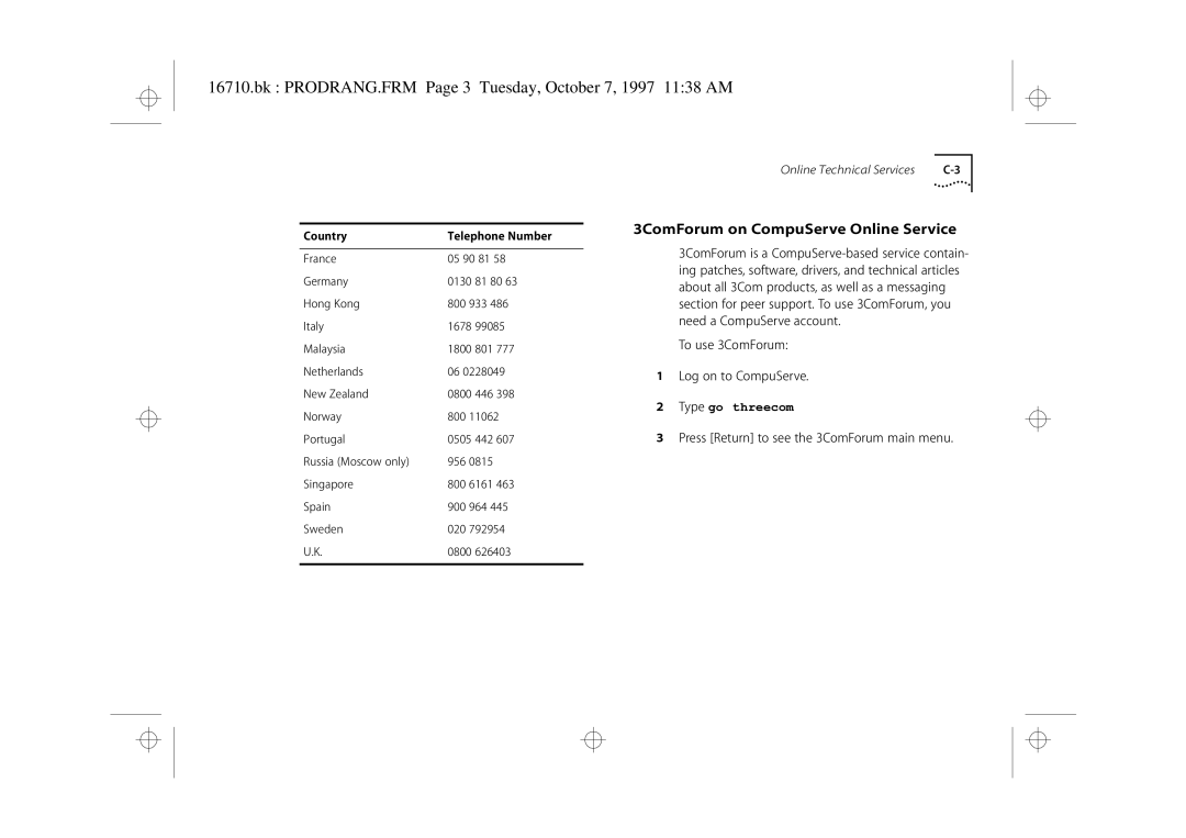 3Com 3C16710 manual Bk PRODRANG.FRM Page 3 Tuesday, October 7, 1997 1138 AM, 3ComForum on CompuServe Online Service 