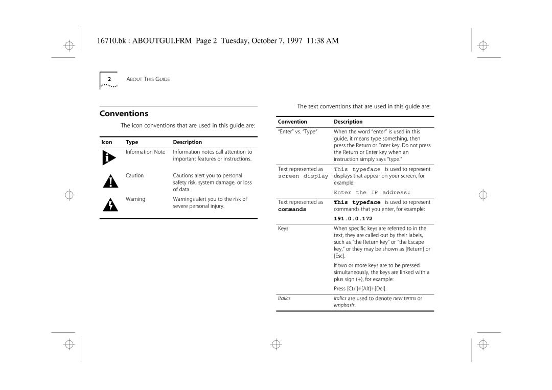 3Com 3C16710 manual Conventions, Bk ABOUTGUI.FRM Page 2 Tuesday, October 7, 1997 1138 AM 