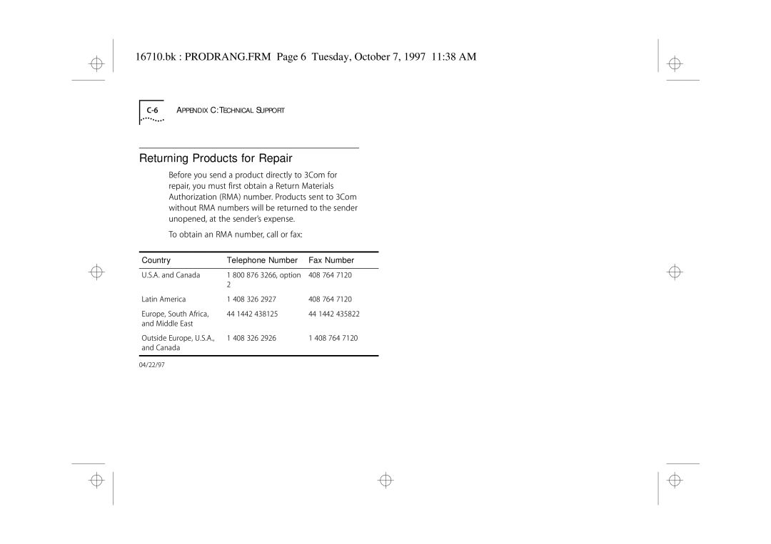 3Com 3C16710 manual Returning Products for Repair, Bk PRODRANG.FRM Page 6 Tuesday, October 7, 1997 1138 AM 