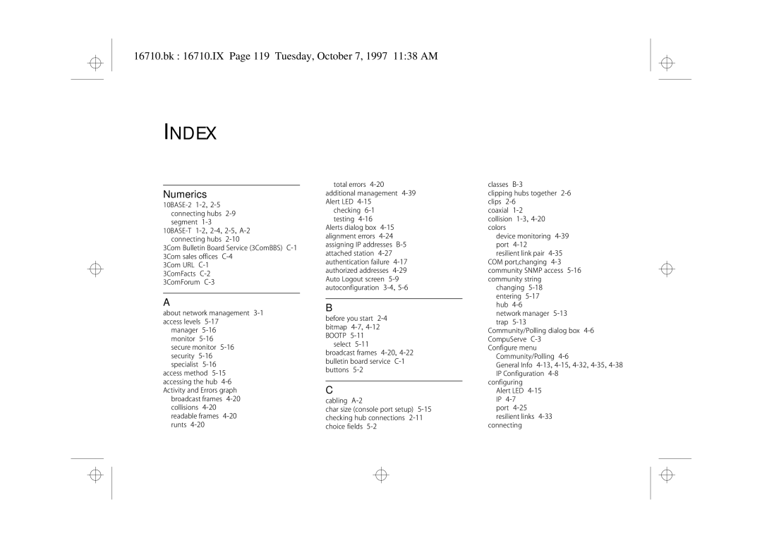 3Com 3C16710 manual Index, Bk 16710.IX Page 119 Tuesday, October 7, 1997 1138 AM 