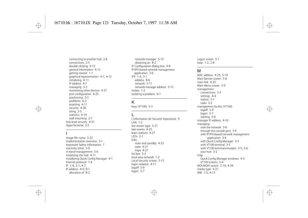 3Com 3C16710 manual Bk 16710.IX Page 121 Tuesday, October 7, 1997 1138 AM, IP 1-4,3-1,4-7 