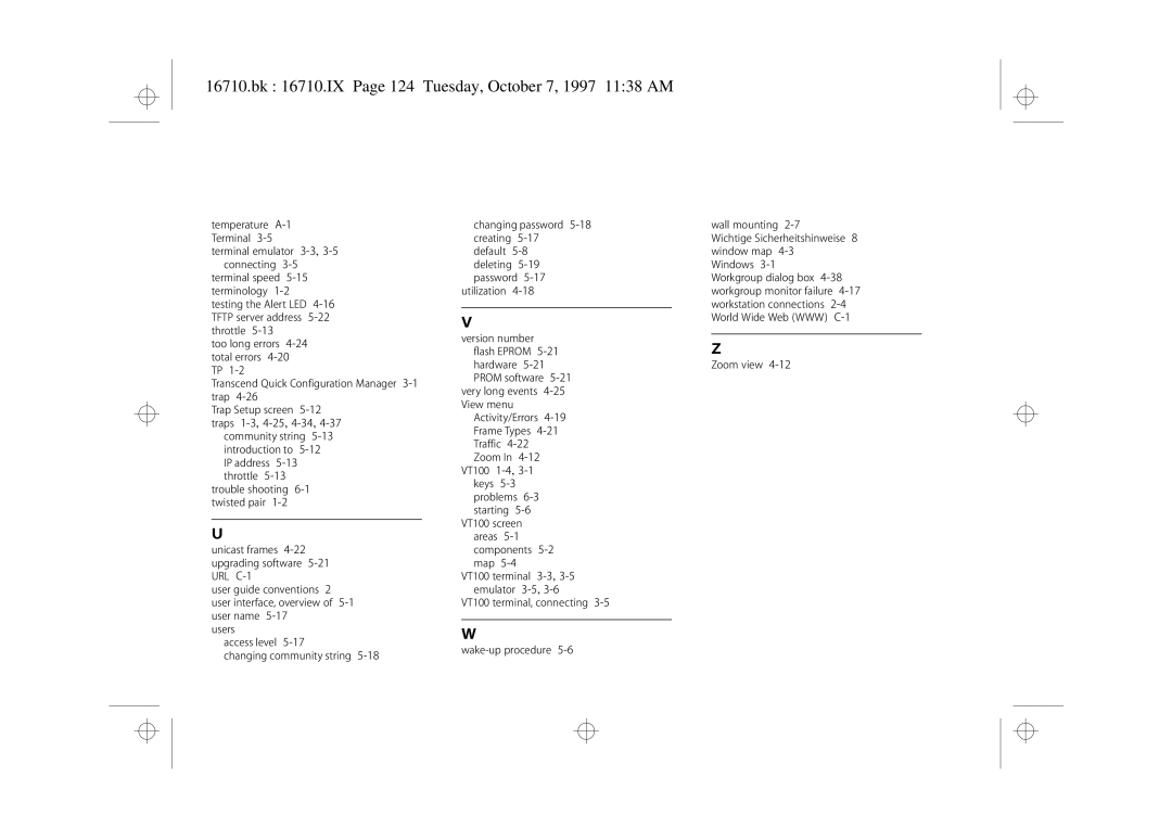 3Com 3C16710 manual Bk 16710.IX Page 124 Tuesday, October 7, 1997 1138 AM, VT100 1-4,3-1 keys 5-3 problems 6-3 starting 